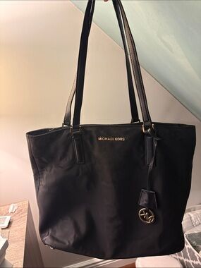 Michael Kors Black Nylon Tote with Gold Accent Logo Charm